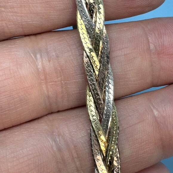 VTG Sterling Silver 925 Tri-Color Braided Herringbone Bracelet Size 8'' Length - Picture 3 of 10